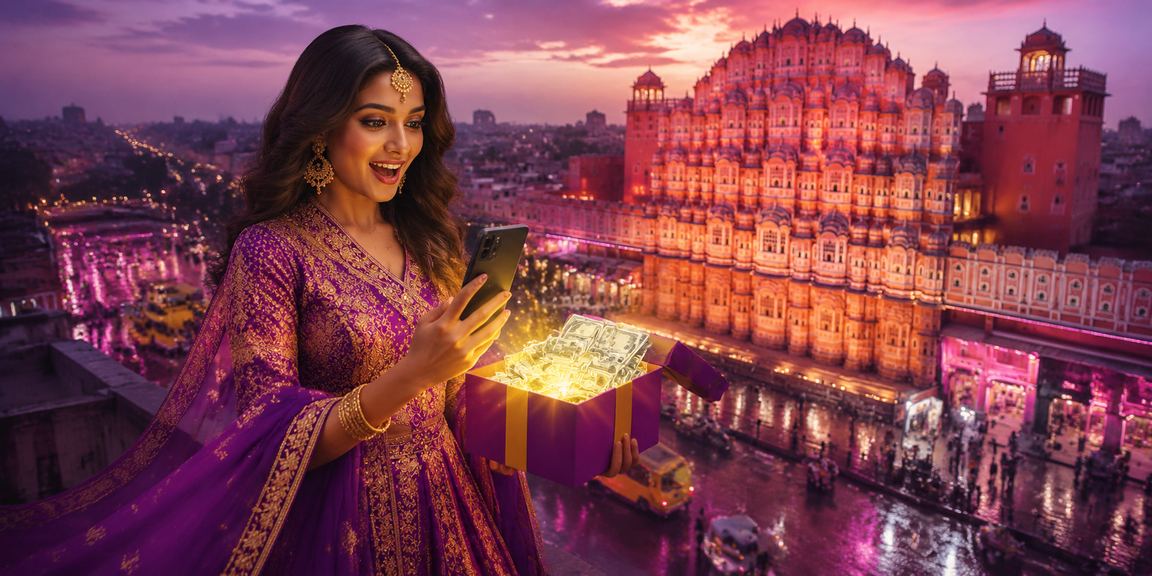 Jaipur Hawa Mahal illuminated with neon casino lights